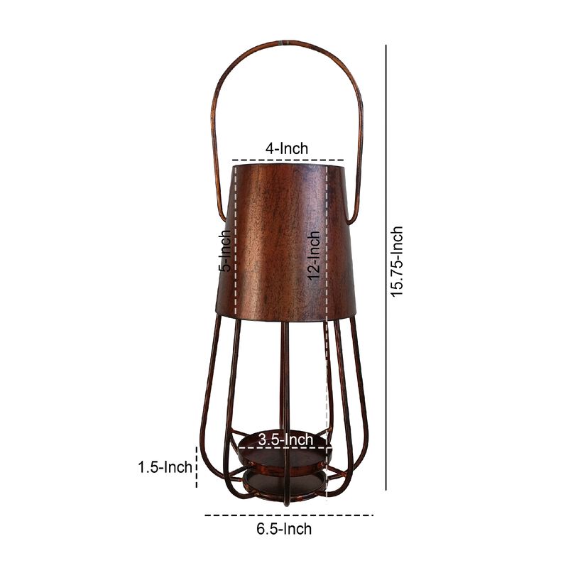 Ambient 12 Inch Vintage Style Iron Candle Stand Lantern, Sleek Curved Handle, Rustic Bronze-Benzara