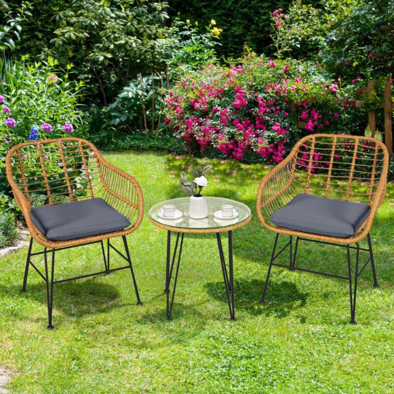 Hivvago 3 Pieces Rattan Furniture Set with Cushioned Chair Table