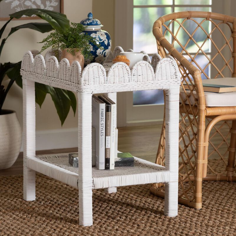 bali & pari Sumana Natural Rattan Side Table - Handwoven Wicker 2-Tier Accent End Table with Scalloped Tray Top for Living Room, White image number 6