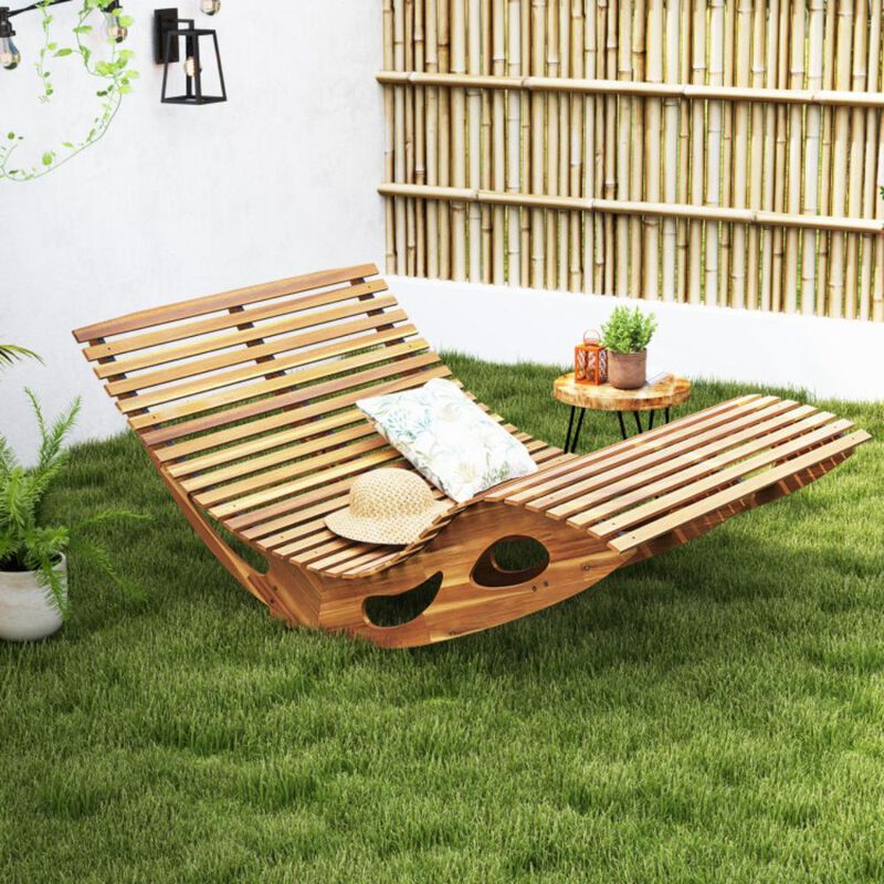 Hivvago Slatted Acacia 2-Seat Patio Dual Rocker Sunbed Wood Lounger with Ergonomic Curved Seat
