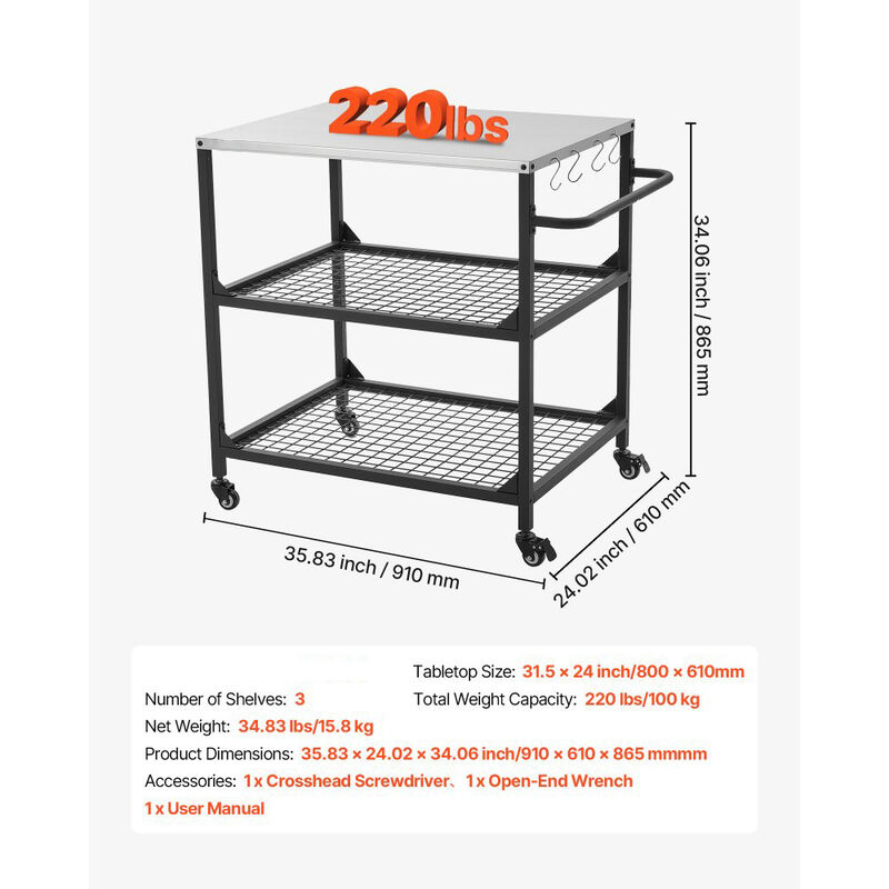 Outdoor Grill Cart with Stainless Steel Top 4 Wheels and Mesh Shelves image number 2
