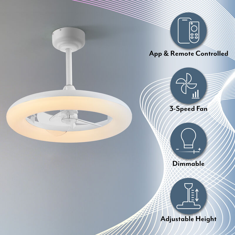 Piero 21.5" Contemporary Minimalist 3-Speed Metal Mobile-App/Remote-Controlled Dimmable Smart Integrated LED Ceiling Fan