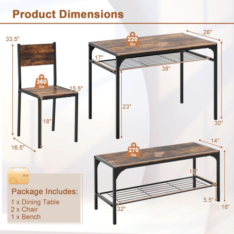 Hivvago Industrial Style Rectangular Kitchen Table with Bench and Chairs