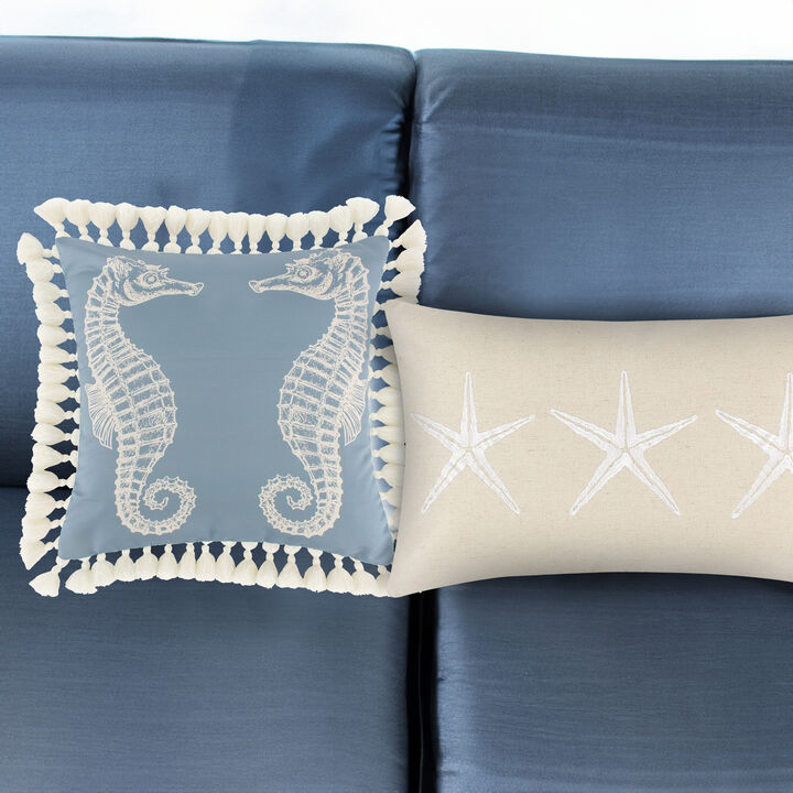 Set of 2 Decorative Throw Pillows, Seahorse and Starfish Polyester, Tassels-Benzara