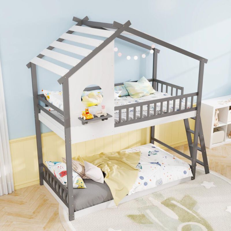 Hivvago Twin over Twin House Bunk Bed with Roof and Guardrails for Kids