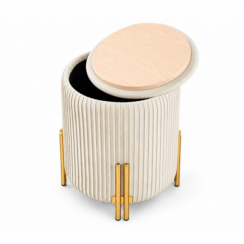 Off-White Round Velvet Storage Ottoman with Reversible Tray Lid, Gold Metal Legs image number 3