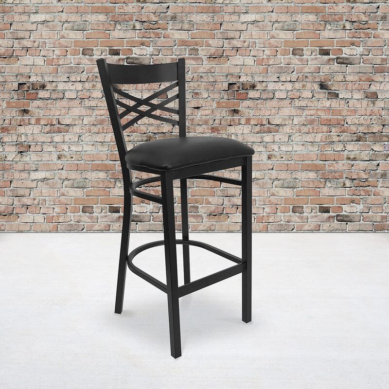 Flash Furniture HERCULES Series Black ''X'' Back Metal Restaurant Barstool - Black Vinyl Seat