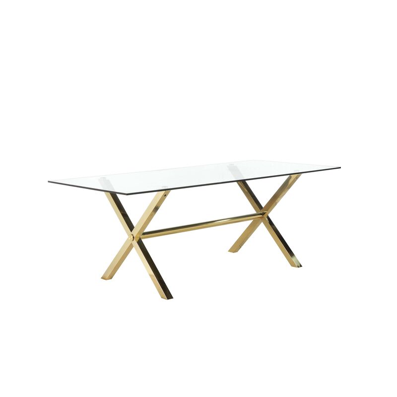 Tia 79 Inch Dining Table, Rectangular Tempered Glass Top, Gold, Clear