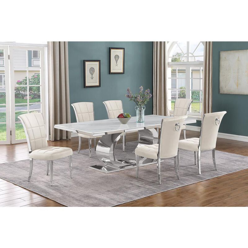Best Quality Furniture 7pc Large (87) marble top dining set with silver base and 6 Cream side chairs image number 1