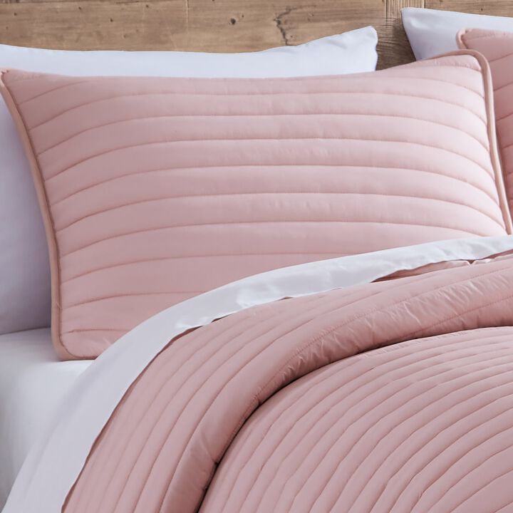 Cabe 3 Piece Queen Comforter Set, Polyester Puffer Channel Quilt, Rose Pink - Benzara