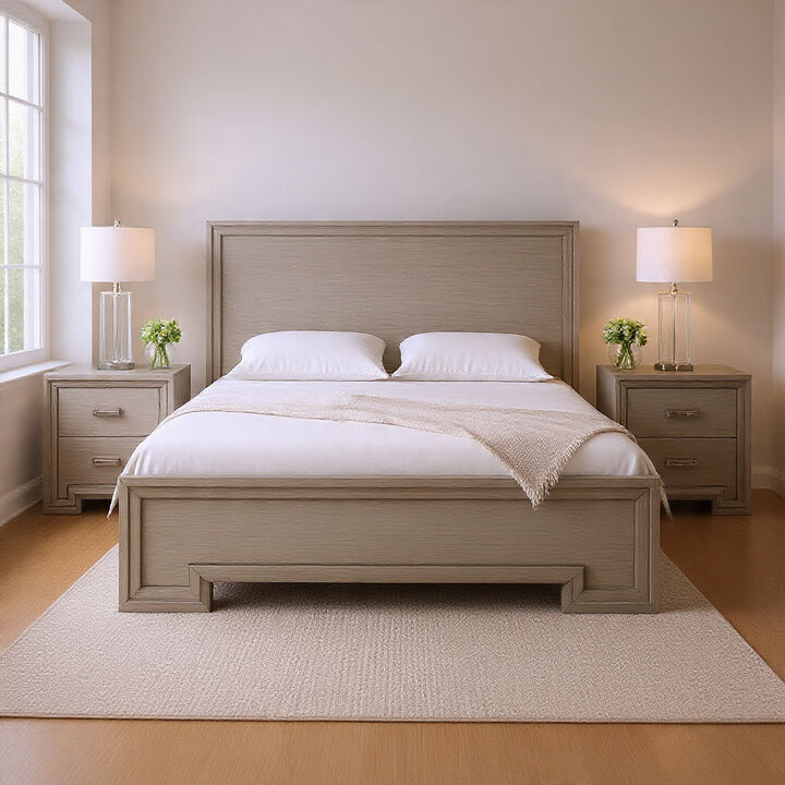 Queen Bedroom Set, White, Nickel Wood, 3 Piece Set with 2 Nightstands
