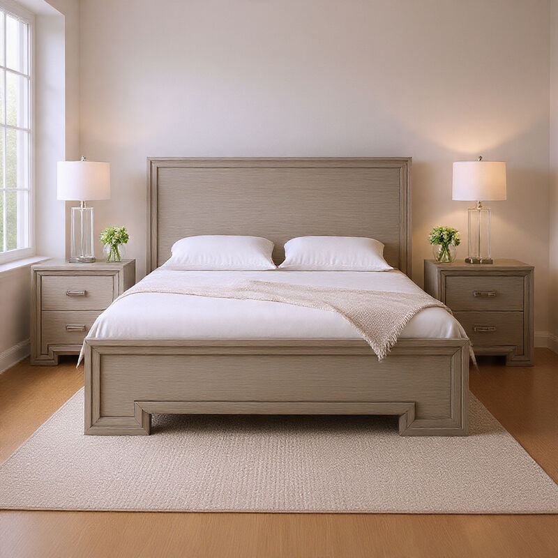 Queen Bedroom Set, White, Nickel Wood, 3 Piece Set with 2 Nightstands image number 1