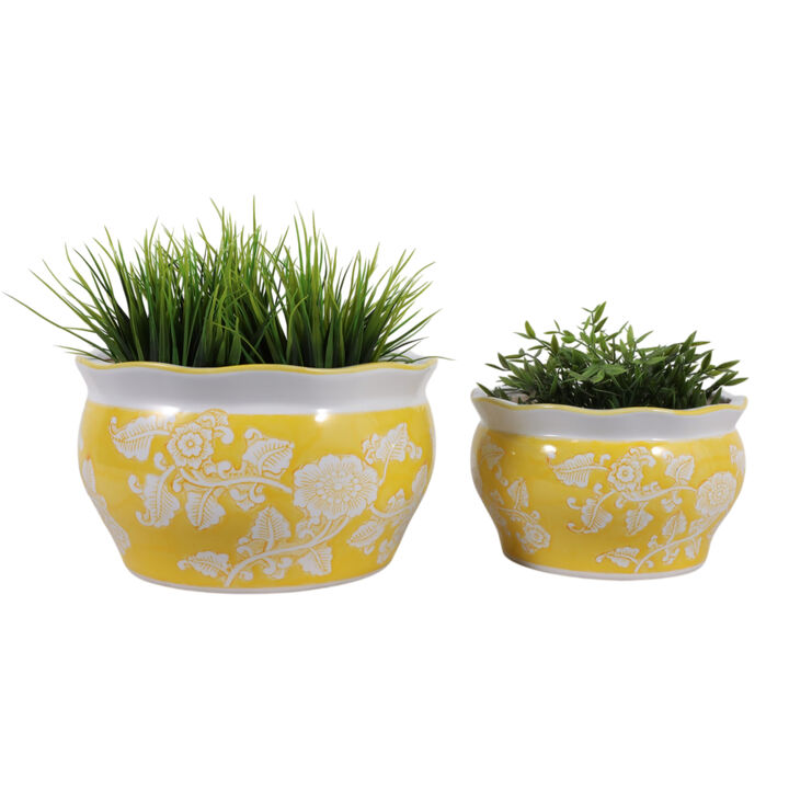 S/2 10/12" Chinoiserie Vines Planters,yellow