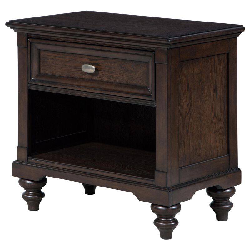 Meon Nightstand w Drawer and Open Cubby Shelf, Dark Oak Brown Wood - Benzara
