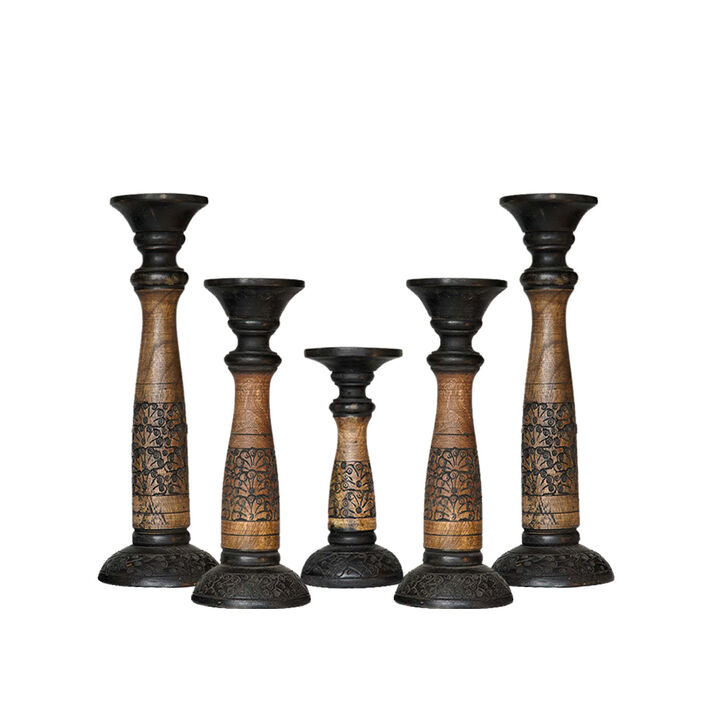 Traditional Black Wash Eco-friendly Handmade Mango Wood Set Of Five 15",12",9",12" & 15" Pillar Candle Holder