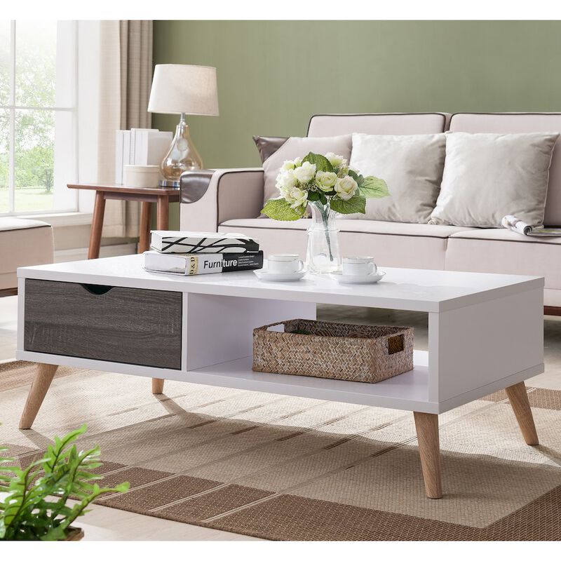 ENITIAL STAR Paulson Wood 1-Drawer Coffee Table in White and Dark Gray
