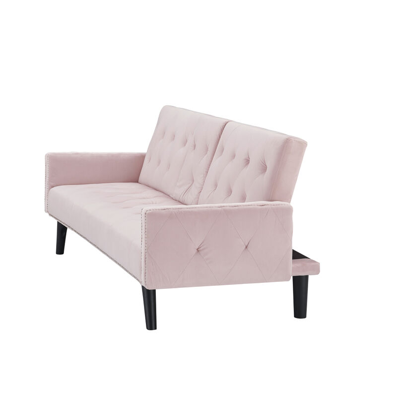 1730 Sofa Bed Armrest with Nailhead Trim with Two Cup Holders 72" Pink Velvet Sofa for Small Spaces