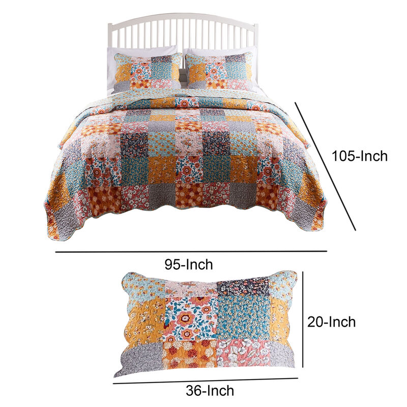 3 Piece King Quilt Set with Floral Print, Multicolor - Benzara