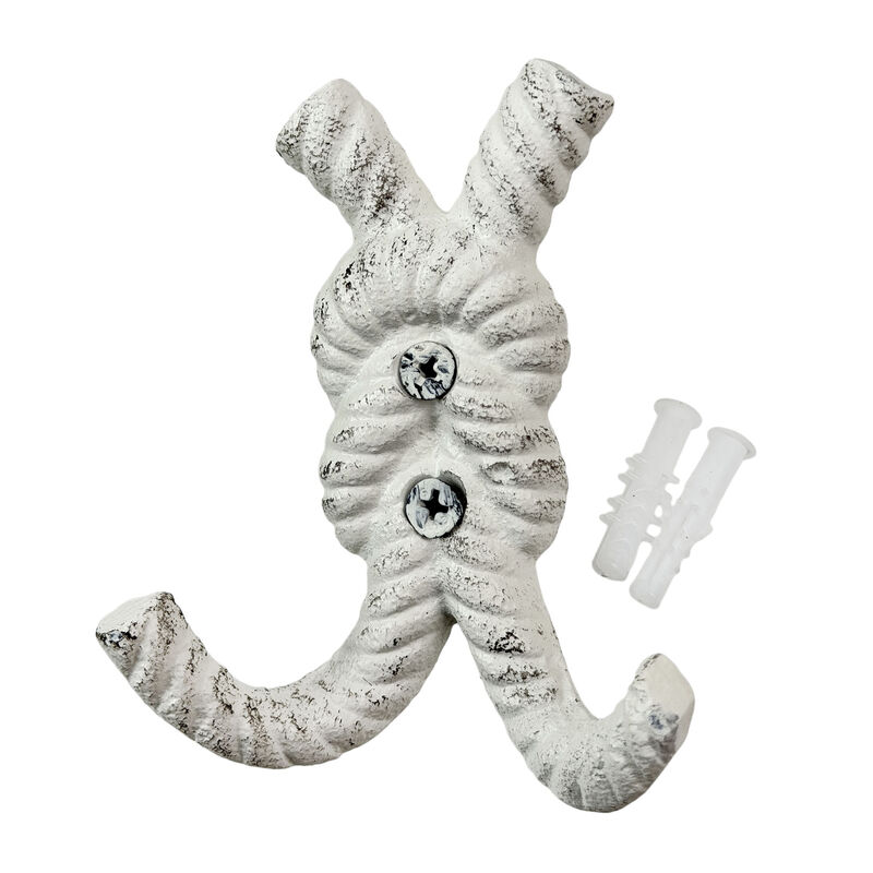 Zeckos 4 Inch Cast Iron Rope Knot Wall Hooks, Set of 3 Nautical Double Coat Hooks, Antique White Coastal Wall Decor with Matching Screws for Beach Bathroom, Entryway, Mudroom or Bedroom image number 2