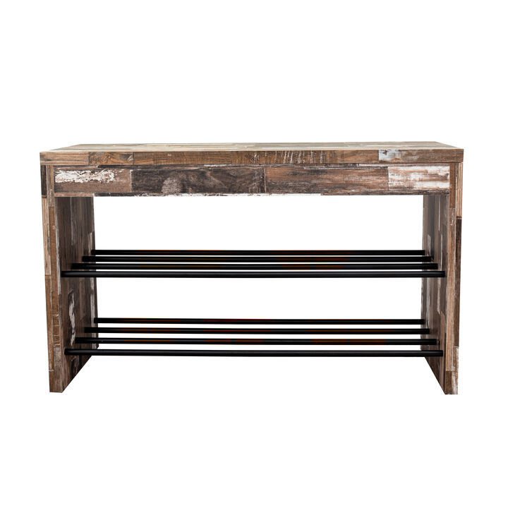 Industrial Decorative Shoe Bench in Distressed Wood Finish with Two Metal Storage Racks