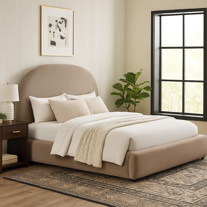 Feny King Size Bed w Arch Headboard, Camel Brown Velvet Upholstery