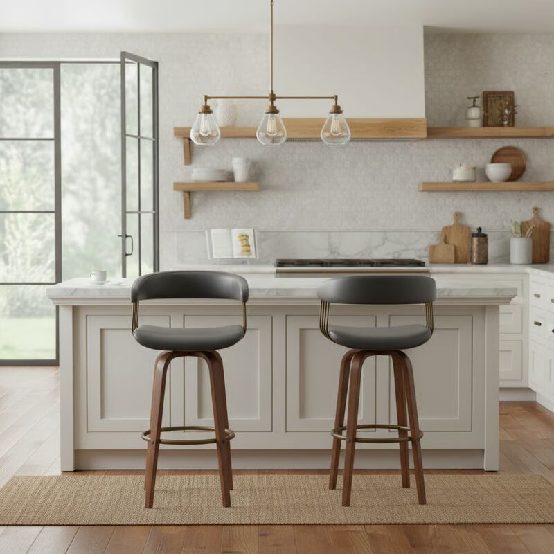 30.5" Swivel Walnut Wood Bar Stool in Gray Faux Leather with Golden Bronze Metal image number 2