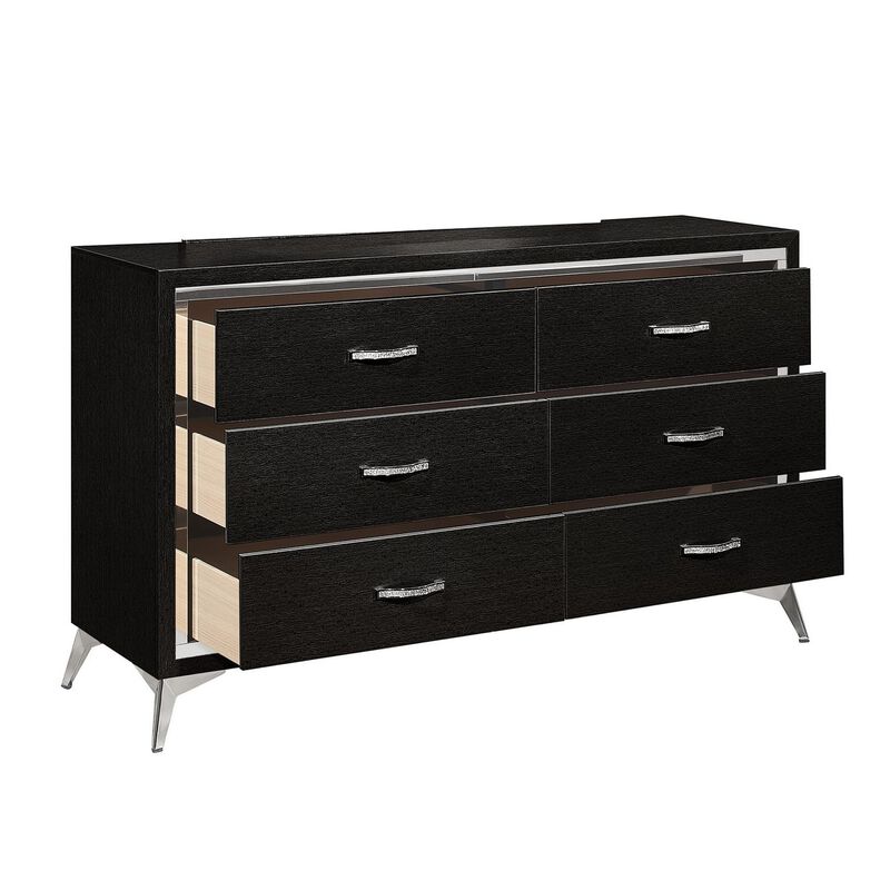 Benjara Sami 58 Inch Wide Dresser, 6 Drawers, Mirror Trim, Embossed Texture, Black, Chrome