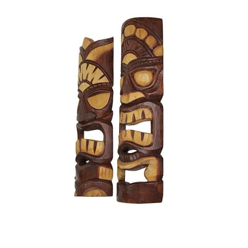 Carved Natural Stained Wood Polynesian Style Tiki Wall Hanging Masks 20 inch image number 2