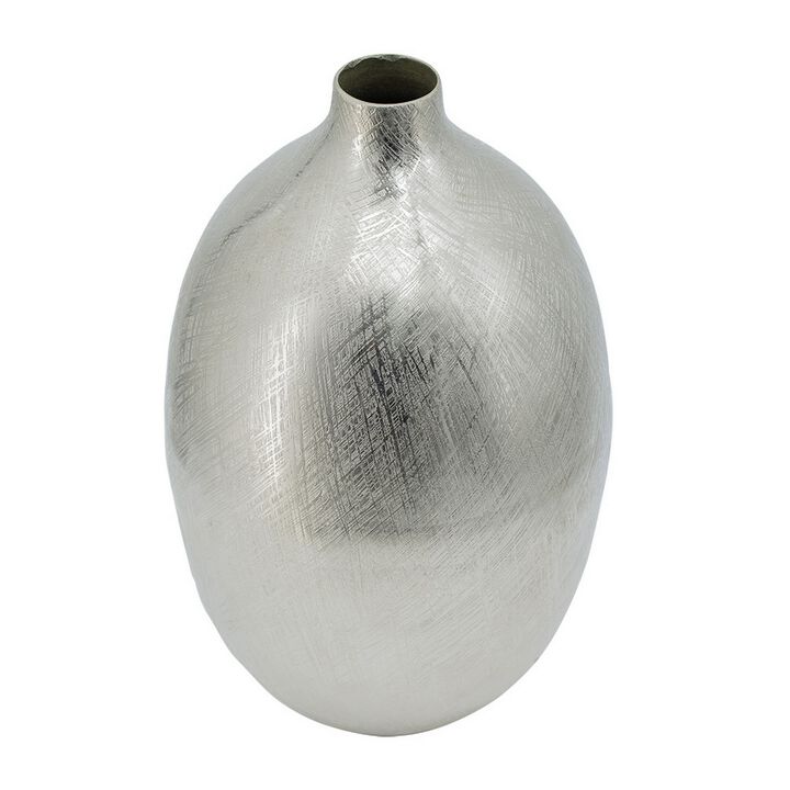 Pansy 14 Inch Modern Vase, Metal, Tall Curved Shape, Bottleneck, Silver  - Benzara