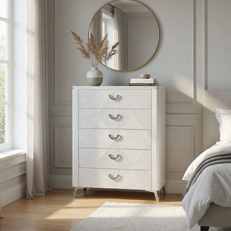 Ivana Tall Dresser Chest with 5 Drawers, Geometric Front, White Wood image number 8