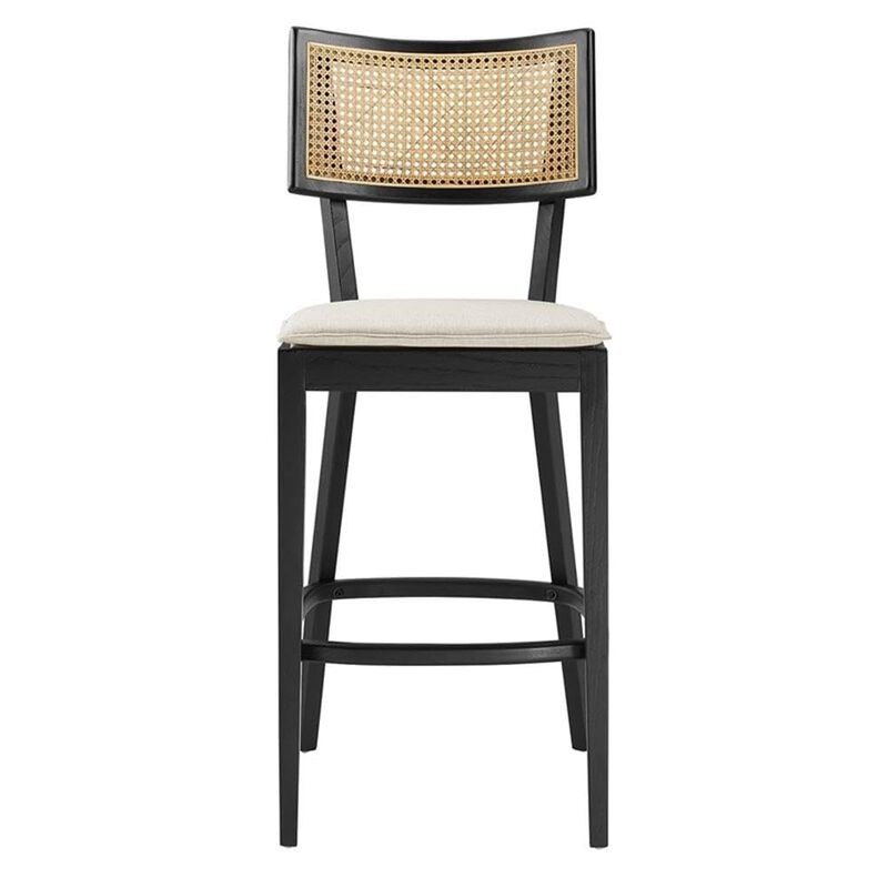 Modway Caledonia 46.5 Inch Elm Wood Bar Stools - Set of 2 in Black Beige - Padded Bar Stools with Rattan Back and Removable Cushion Cover - 2Pc High Bar Chairs with Footrest - Armless Bar Stools image number 4