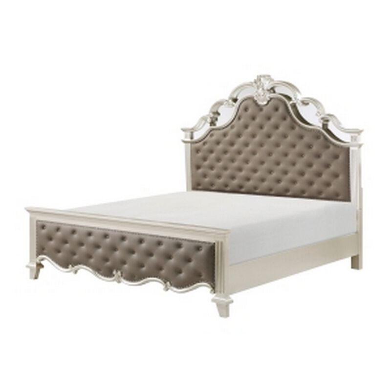 Xeni Queen Bed, Button Tufted Vegan Faux Leather Upholstery, Champagne - Benzara