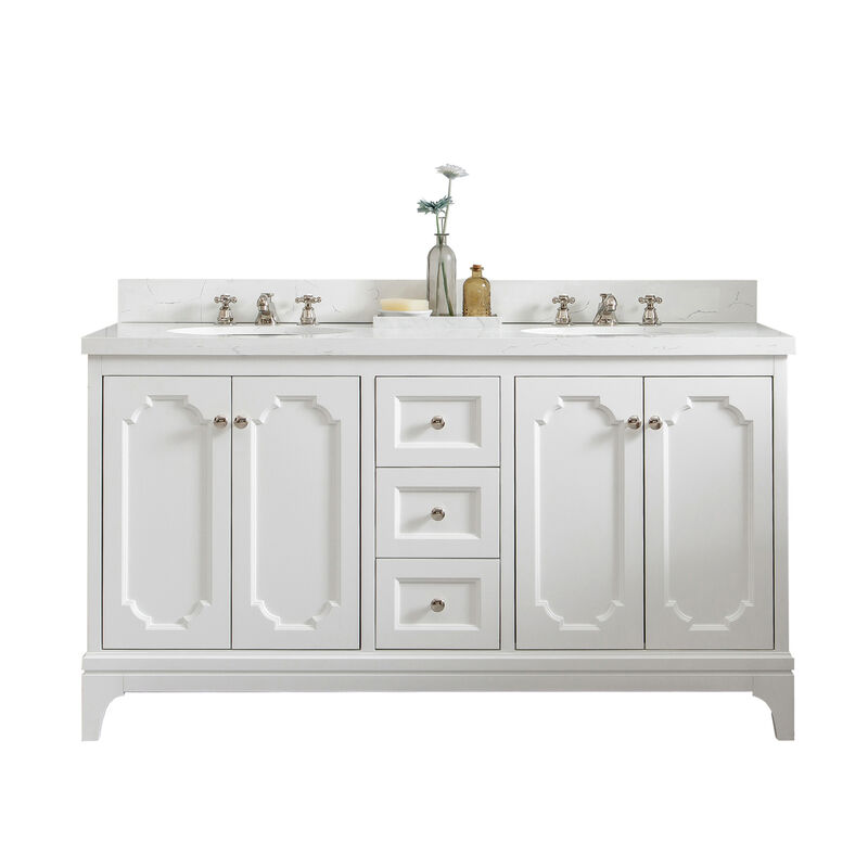 Queen 60 In. Double Sink Sink Carrara Quartz Countertop Bath Vanity in Pure White with Polished Nickel (PVD) Hardware