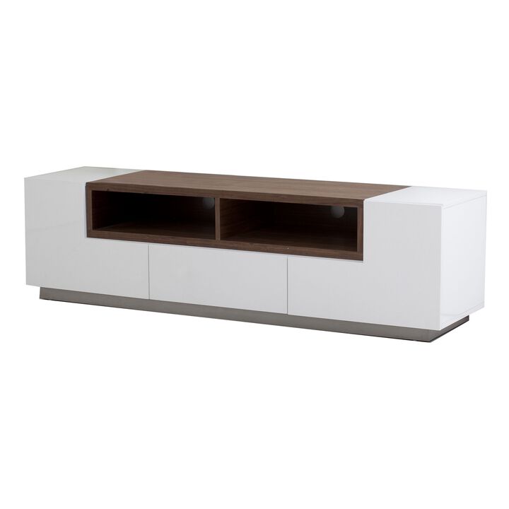 Fila 71 Inch TV Media Console, 3 Pull Out Drawers Open Center, White, Brown - Benzara