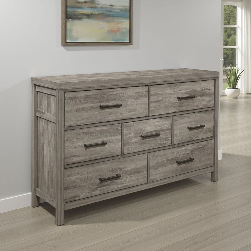 Rie 59 Inch Dresser, 7 Drawers, Weathered Gray Melamine Laminate - Benzara