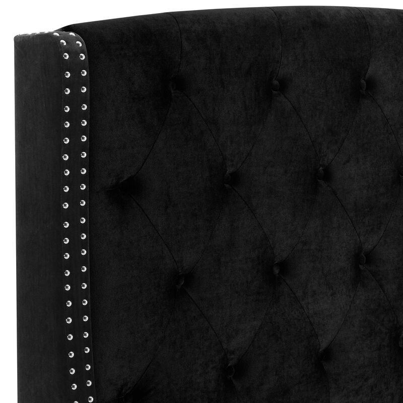 Elle Queen Size Bed, Low Profile, Black Button Tufted Upholstered Headboard - Benzara