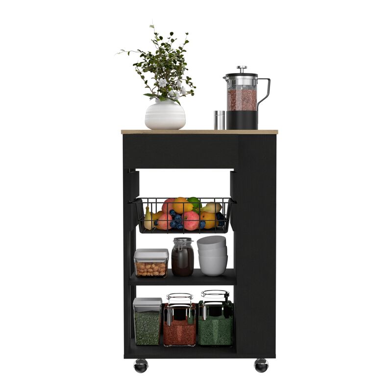 Blosson Kitchen & Dining room Cart,  One Drawer, Two Open Shelves, Four Casters -Black / Light Oak