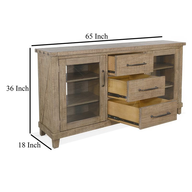 Anva Sideboard Buffet Console, 2 Doors, 3 Drawers, 65 Inch Brown Wood - Benzara image number 4