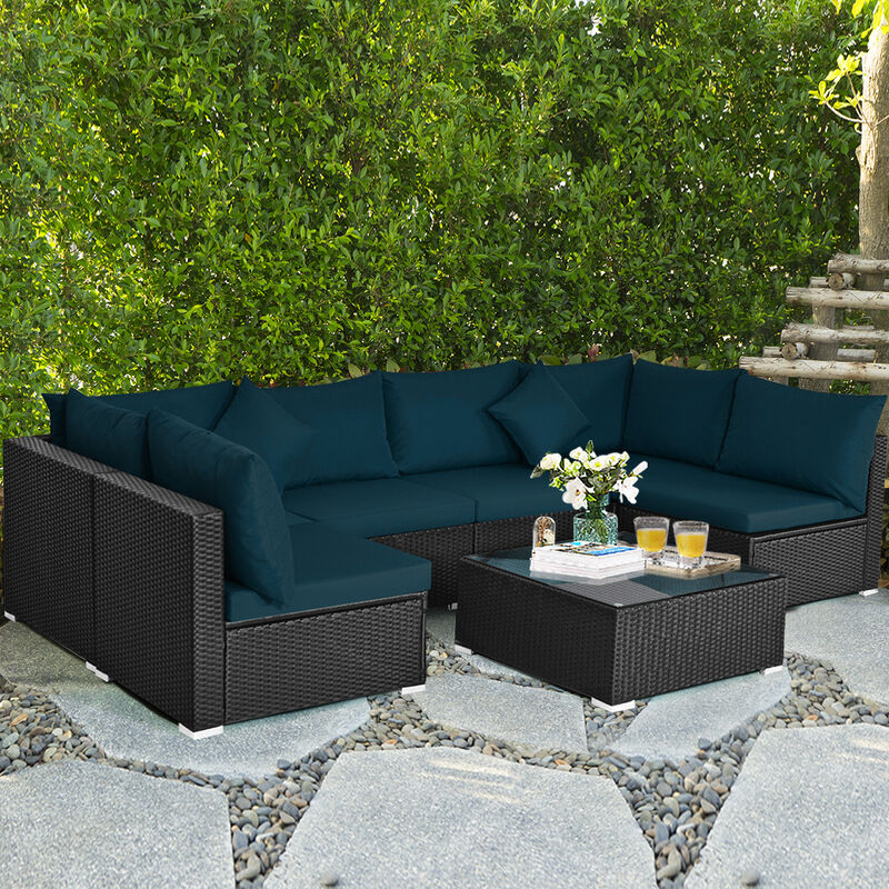 7-Piece Outdoor Sectional Wicker Patio Sofa Set with Tempered Glass Top