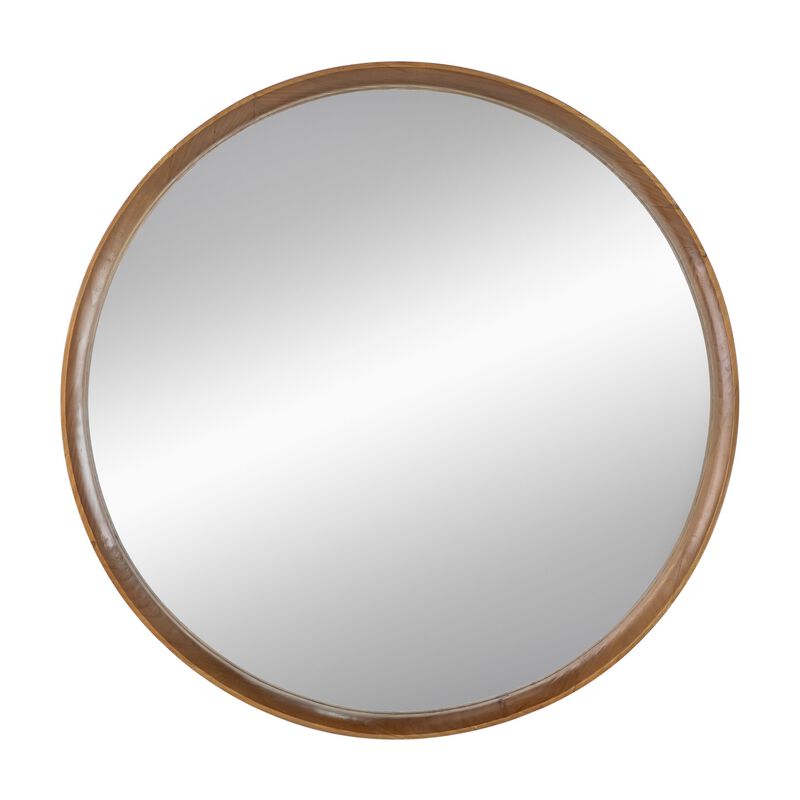 Roe 32 Inch Wall Mounted Round Mirror, Modern Brown Pine Wood Frame - Benzara