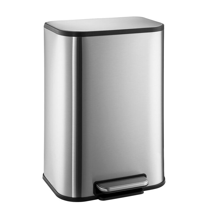 Stainless Steel Kitchen Trash Can, Soft Close Lid, Hands Free Pedal Design, Removable Inner Bucket, Odor Resistant Heavy Duty Rectangular Waste Bin