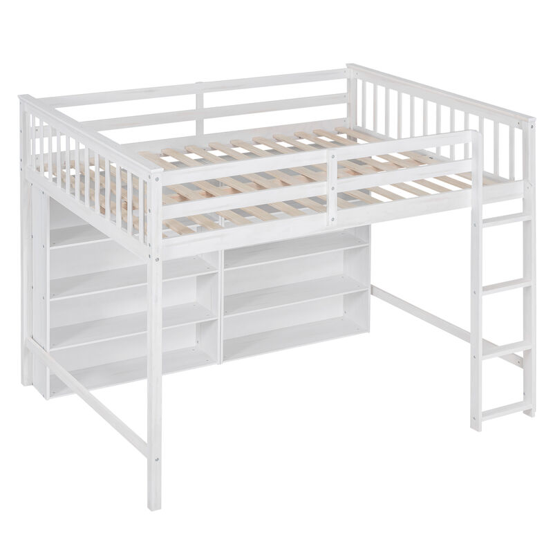 Whisen Full Size Loft Bed with Open Storage Shelves and Built-in Ladder - White