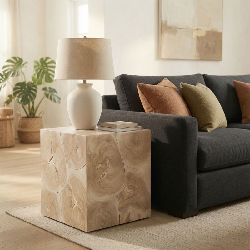Sira Mosaic Side End Table, Hand Oiled Natural Brown Finish, 20 Inch Solid Teak Wood Slice Cube image number 7