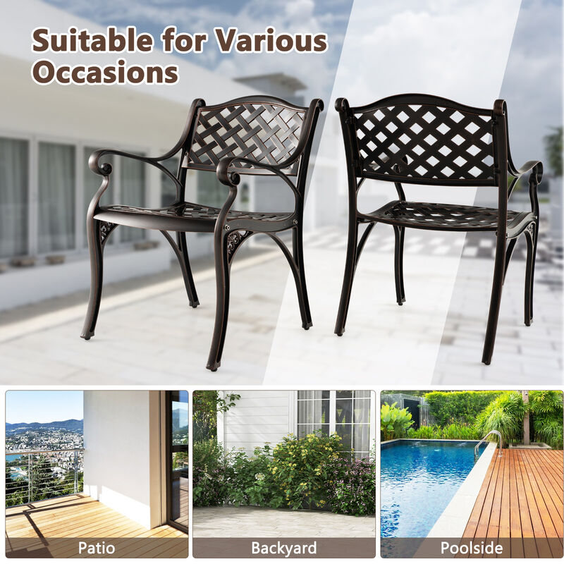 Cast Aluminum Patio Chairs Set of 2 Dining Chairs with Armrests Diamond Pattern