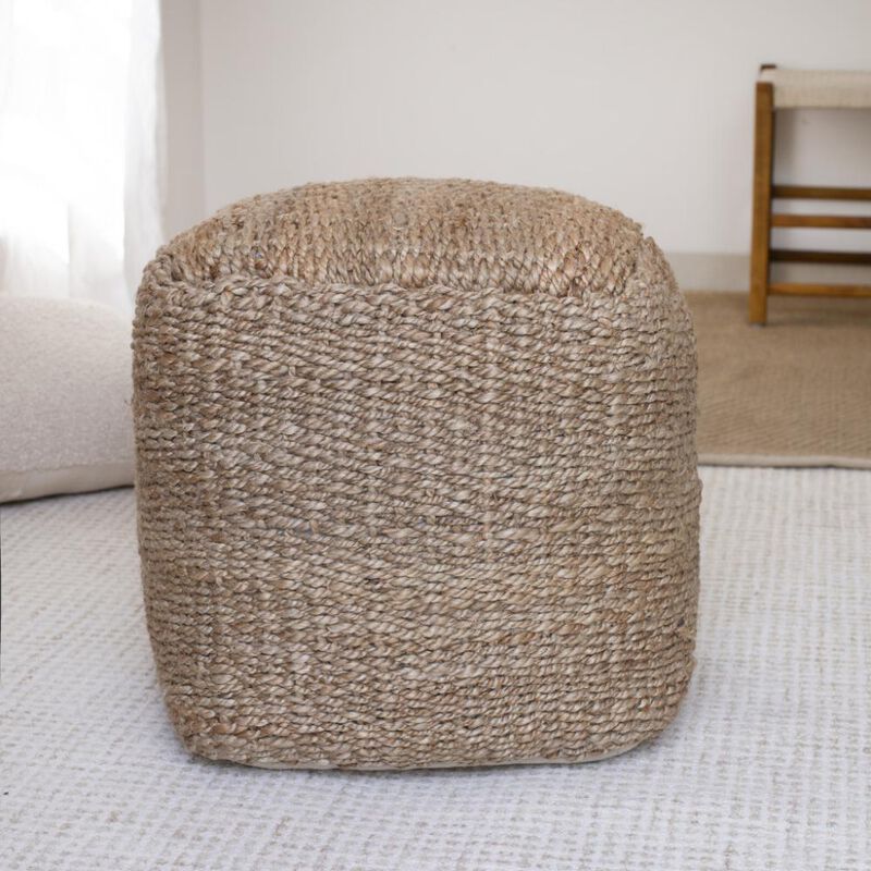 Hivvago 18 Inch Natural Jute Woven Blend Cube Pouf Ottoman