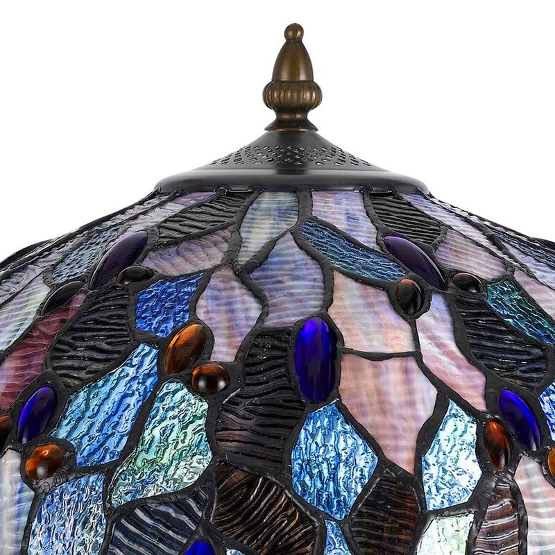 2 Bulb Tiffany Floor Lamp with Mosaic Design Shade, Multicolor-Benzara