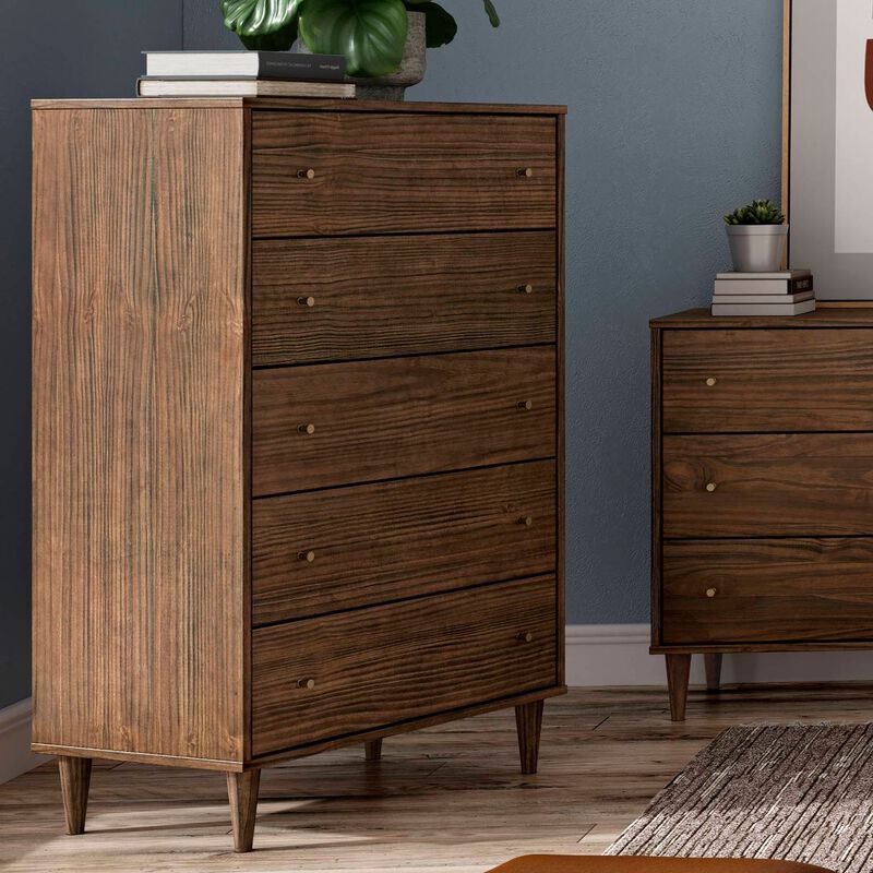 Hivvago Farmhouse Rustic Walnut Mid Century 5 Drawer Chest image number 1