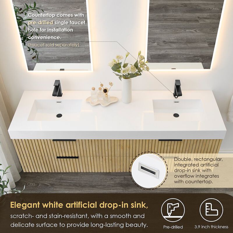 Altair-11 Double Bathroom Vanity in Nature Brown White Artificial Drop-in Sink