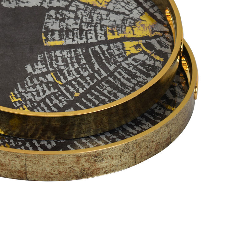 Archy Round Tray, Set of 2, Abstract Patterns, Black-Gold Polyurethane image number 3