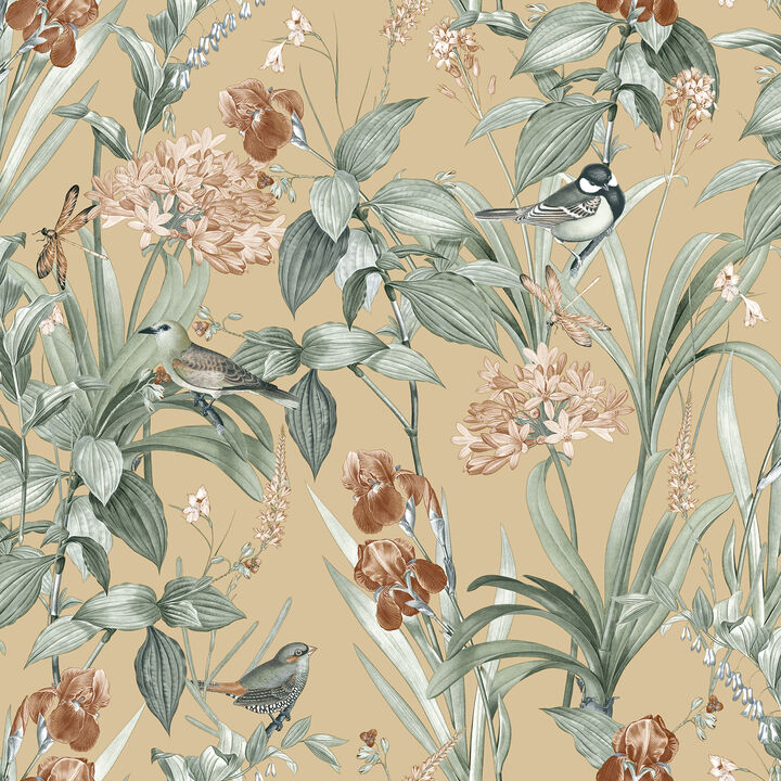 Mint Birds and Dragonflies Botanical Wallpaper